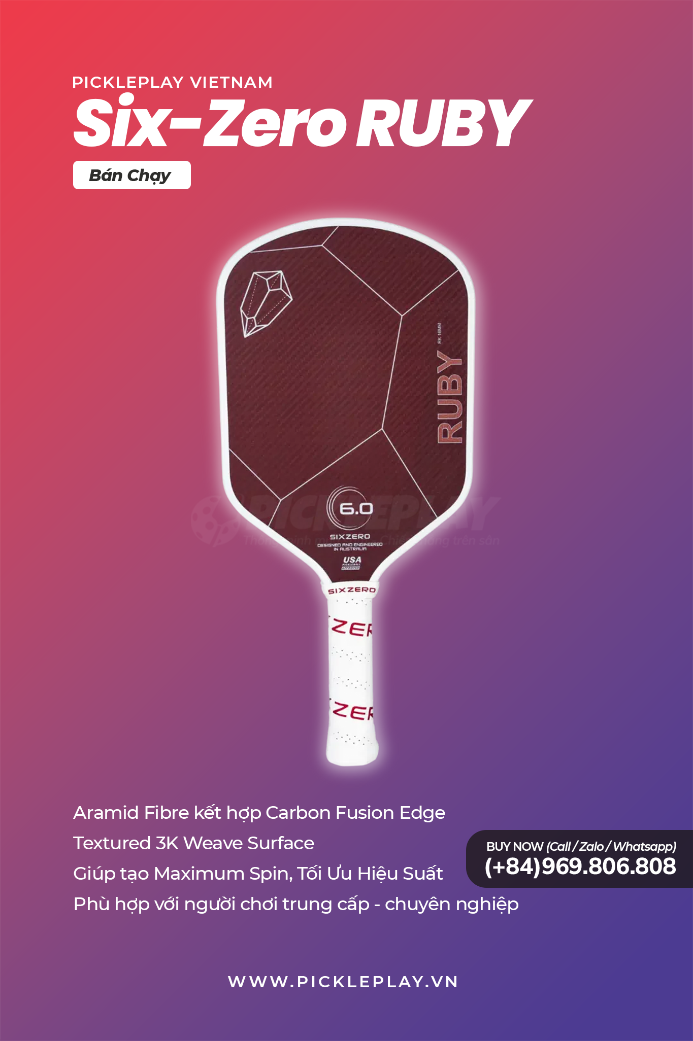🎾 Đánh Giá Vợt Pickleball Six Zero Ruby – Siêu Phẩm Xoáy Đỉnh Cao Cho Người Chơi Trung Cấp