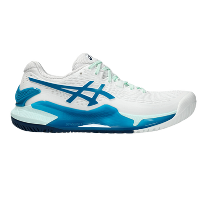 Pickleball Gel-Resolution 9 White / Teal Blue Shoes (For Women)
