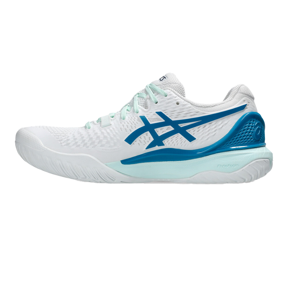 Pickleball Gel-Resolution 9 White / Teal Blue Shoes (For Women)