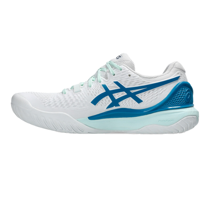 Pickleball Gel-Resolution 9 White / Teal Blue Shoes (For Women)