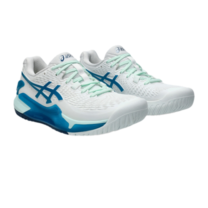 Pickleball Gel-Resolution 9 White / Teal Blue Shoes (For Women)