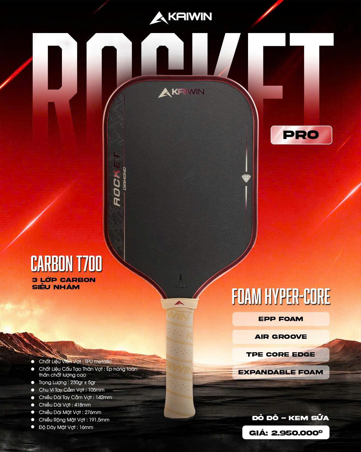 Vợt Pickleball Kaiwin Diamond Rocket Pro